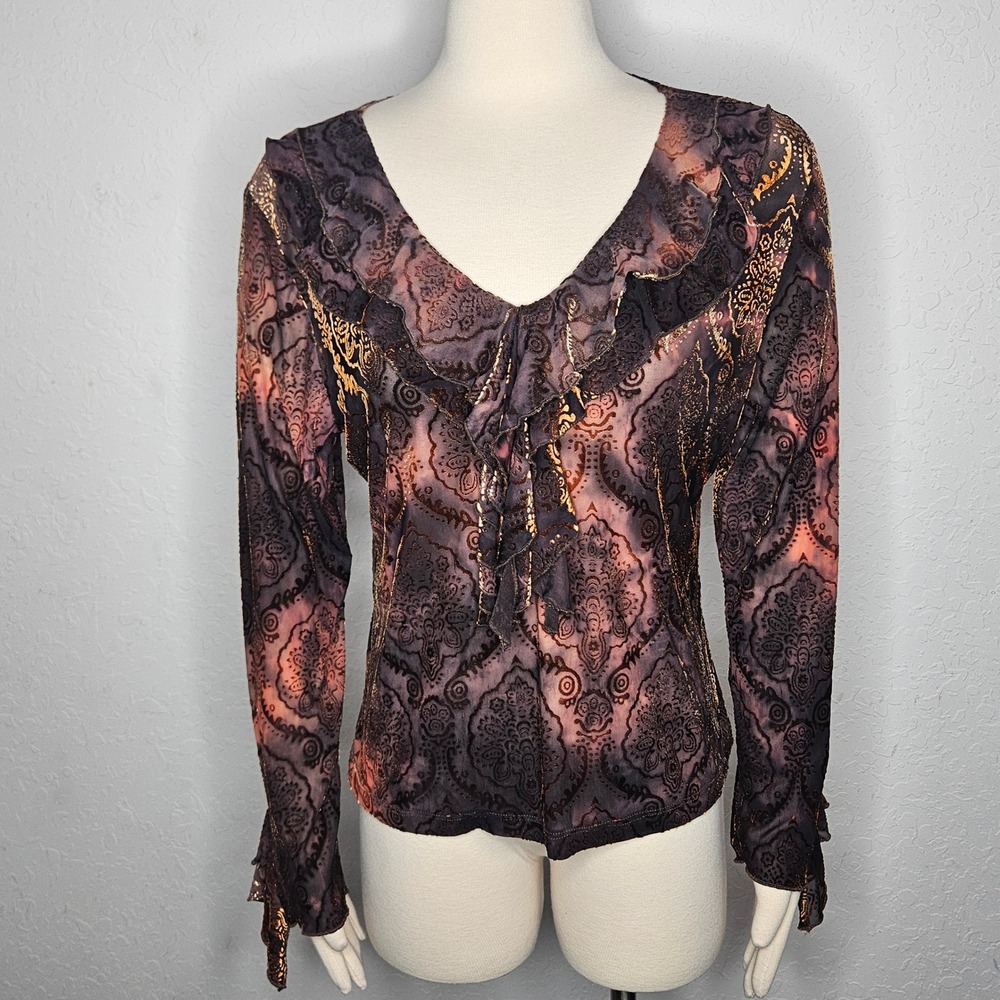 Whimsigoth‎ Sheer Burnout Mesh Top Dark Romance Gothic Y2K Ruffle Blouse L XL